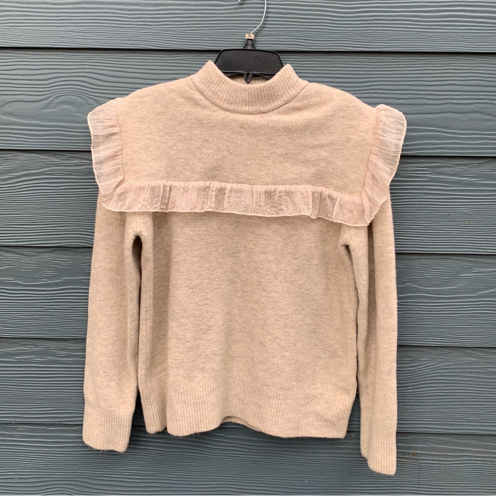 ZARA XS Cream Oatmeal Sweater with Ruffle and Bib Oversized